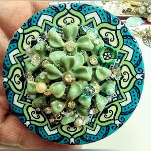 Light Green Celluloid Compact Makeup Mirror on Mandala Design
